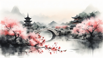水墨桃花江南园林