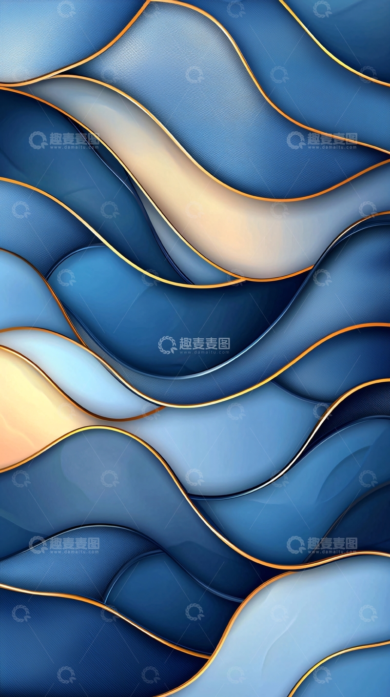 高清大图下载【趣麦麦图】蓝色水波纹金色线条艺术