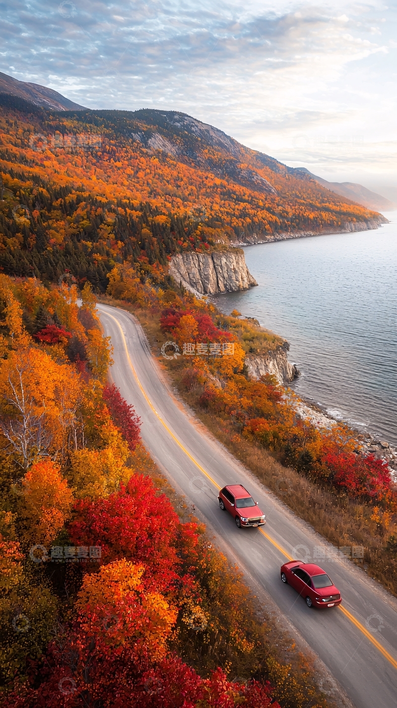 高清大图下载【趣麦麦图】秋日海岸公路上的红色汽车