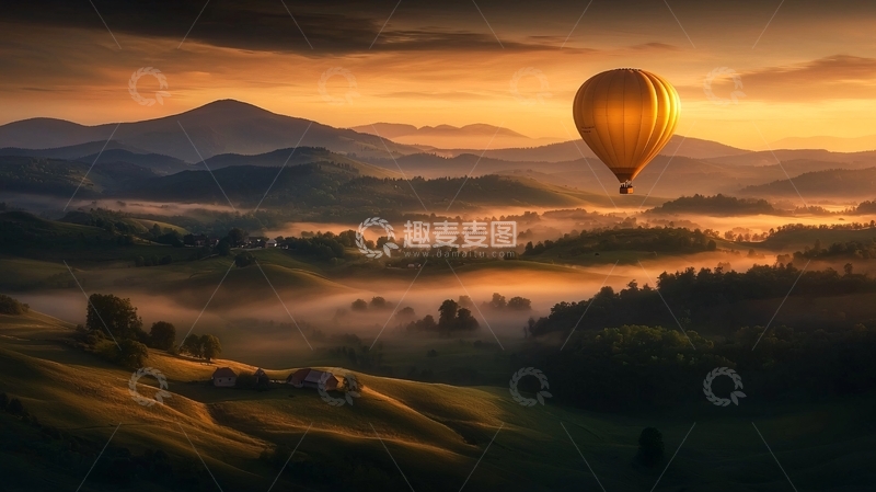 高清大图下载【趣麦麦图】热气球飞越山峦