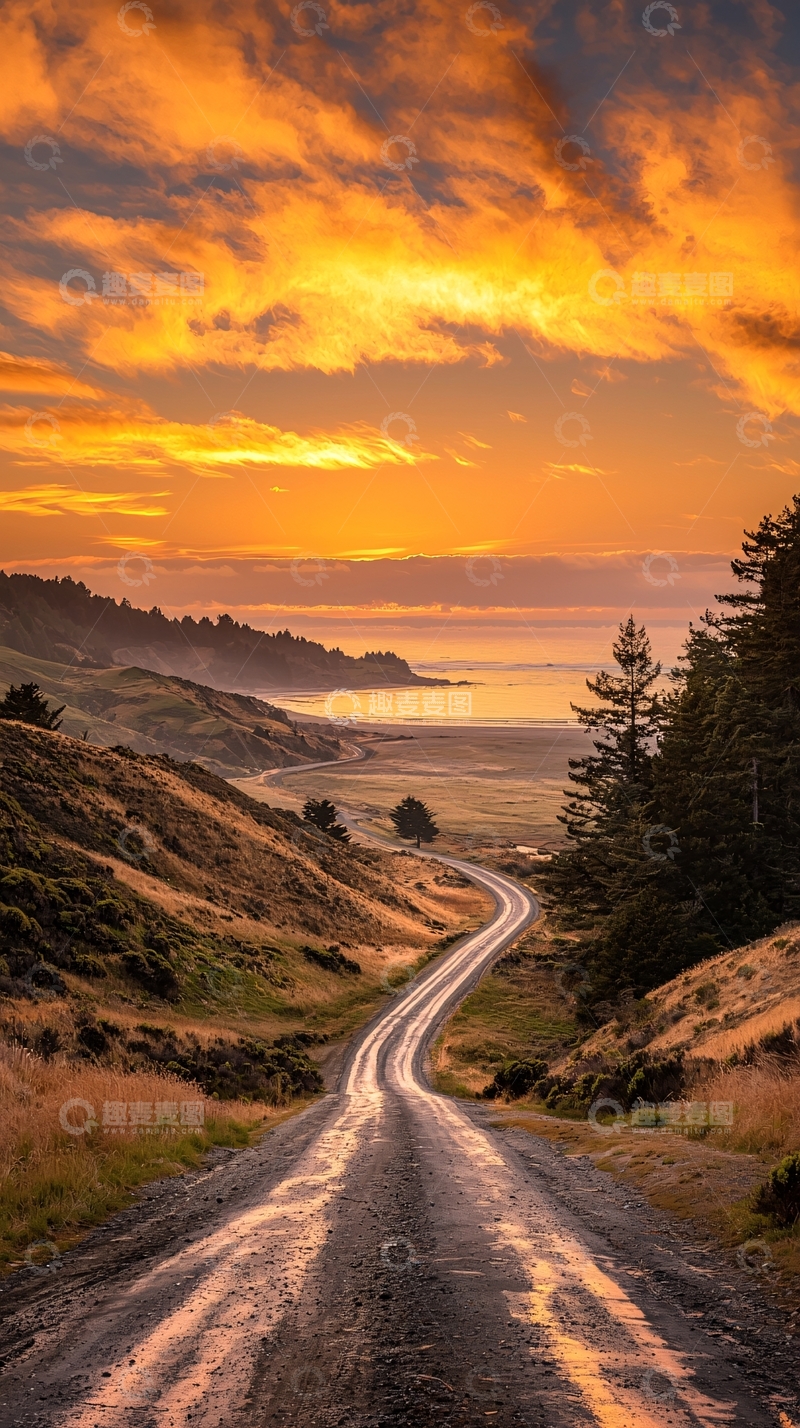 高清大图下载【趣麦麦图】蜿蜒道路的金色日落