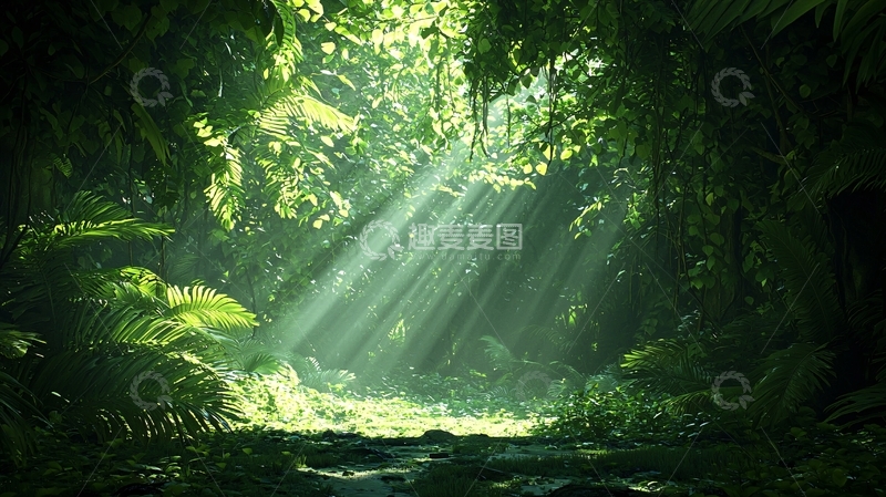 高清大图下载【趣麦麦图】阳光穿透树叶的森林景象