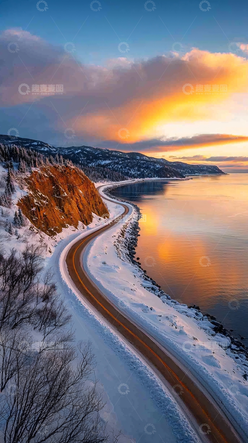 高清大图下载【趣麦麦图】蜿蜒海岸公路夕阳