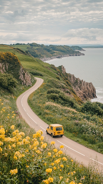 黄色汽车行驶在蜿蜒海岸公路