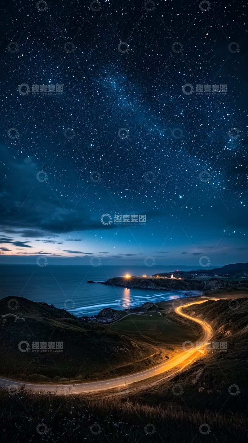高清大图下载【趣麦麦图】夜空下海岸灯塔的蜿蜒道路