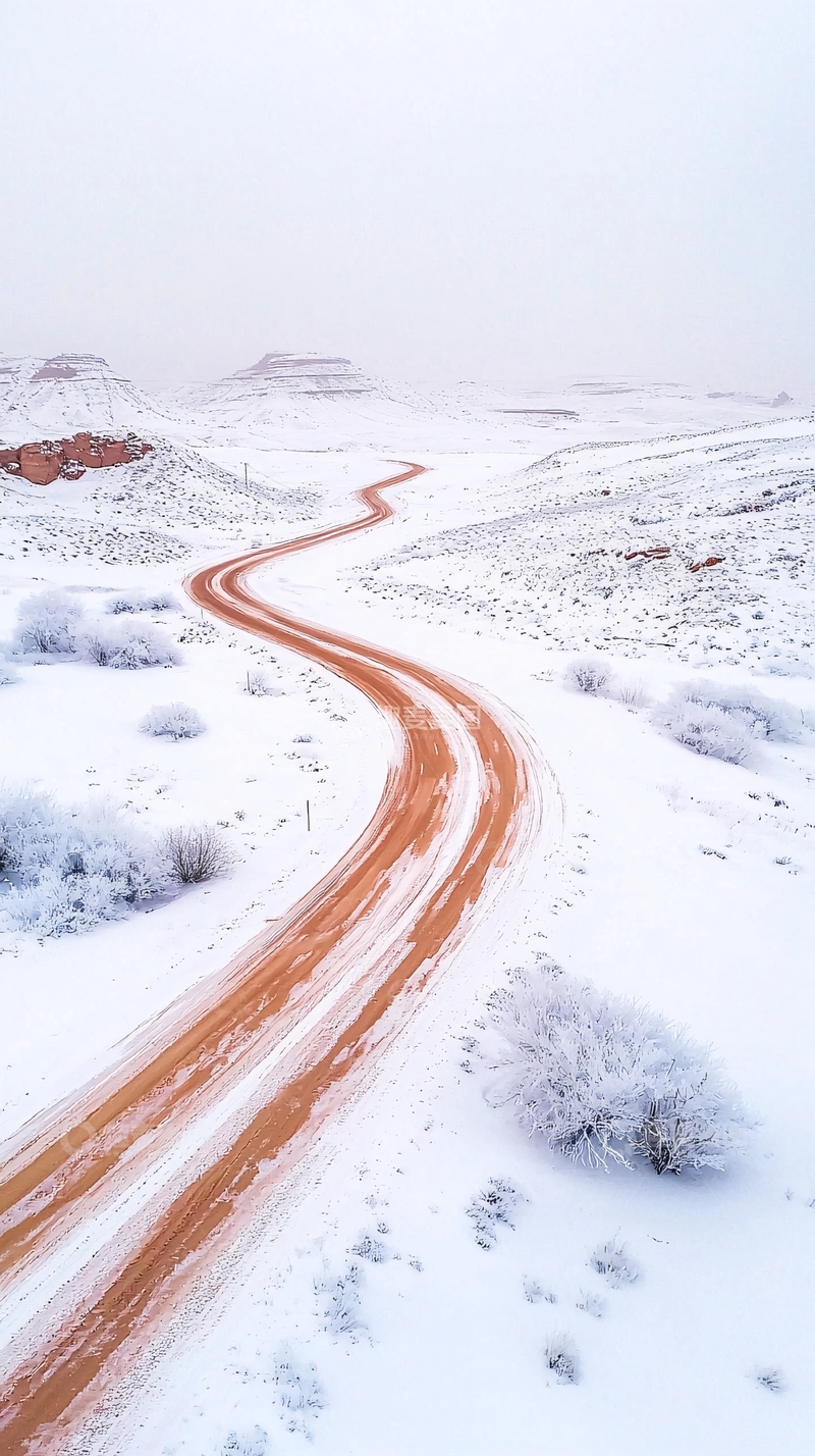 高清大图下载【趣麦麦图】雪地红土路蜿蜒向上