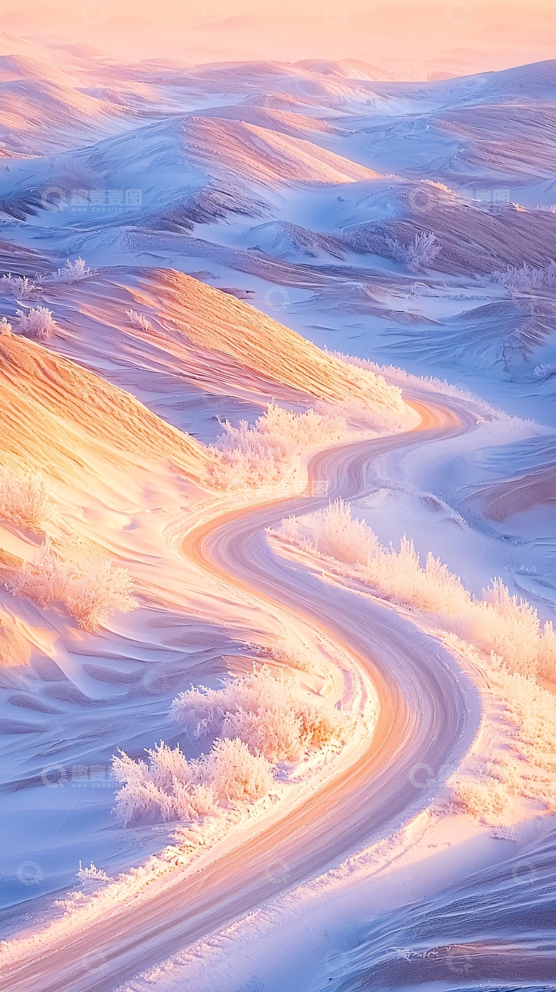 高清大图下载【趣麦麦图】冬日粉色雪景弯曲道路