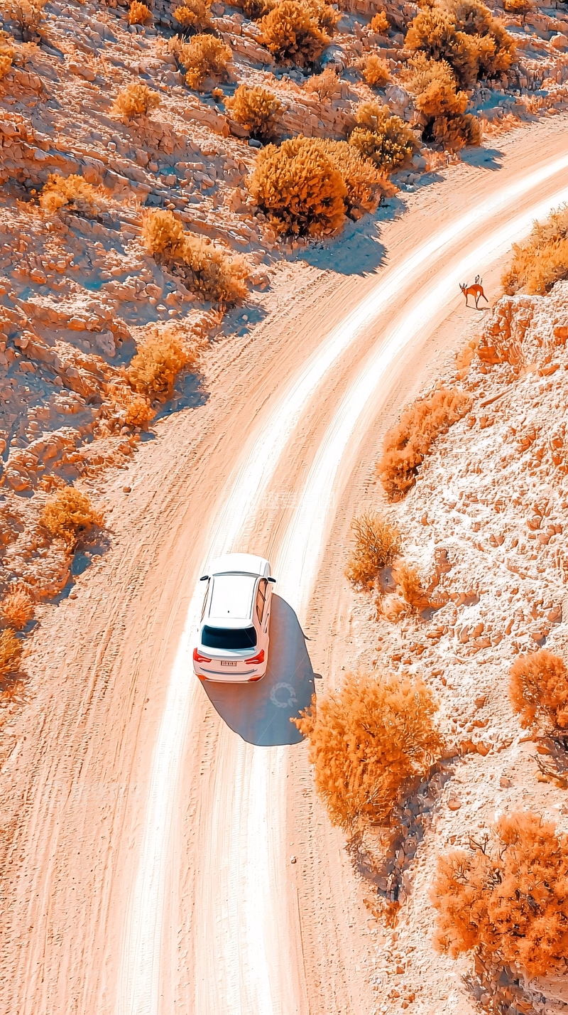 高清大图下载【趣麦麦图】沙漠中的白色汽车行驶