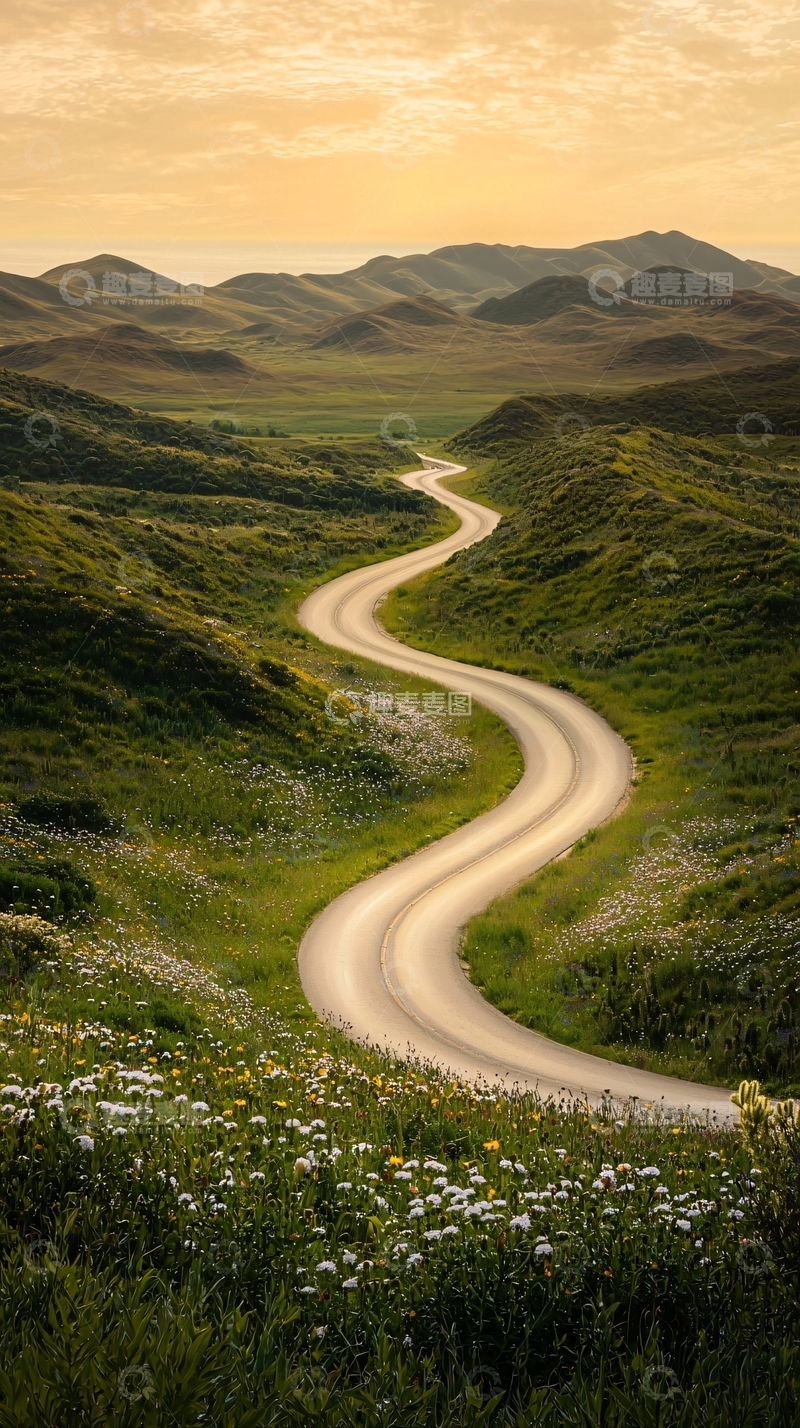 高清大图下载【趣麦麦图】蜿蜒的道路穿过绿色山丘