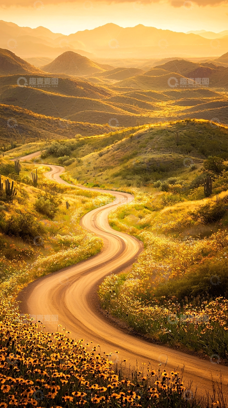 高清大图下载【趣麦麦图】蜿蜒山路在夕阳下