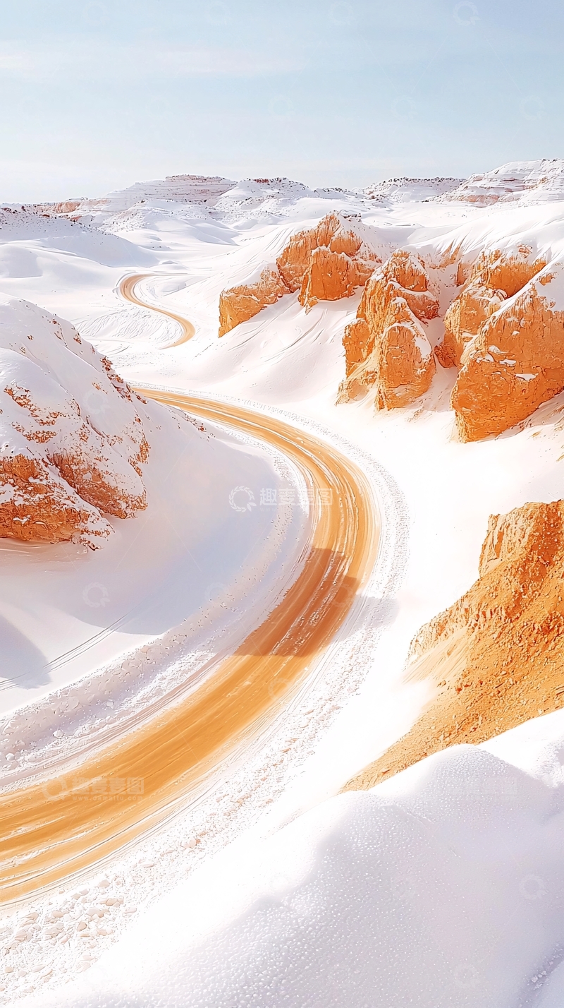 高清大图下载【趣麦麦图】雪地中的蜿蜒道路