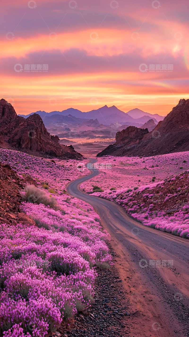 高清大图下载【趣麦麦图】粉色花海蜿蜒道路
