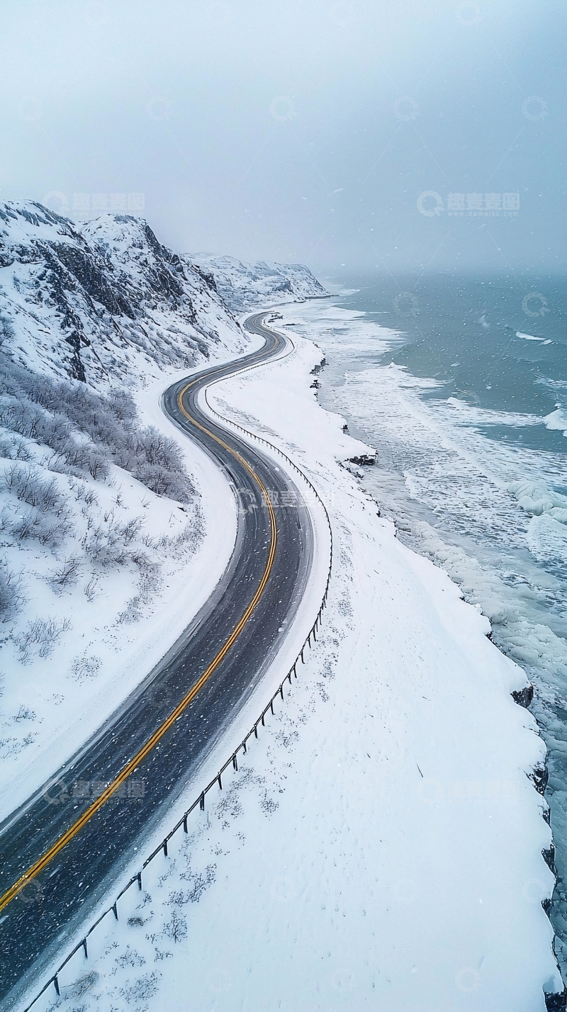 高清大图下载【趣麦麦图】雪天海边公路
