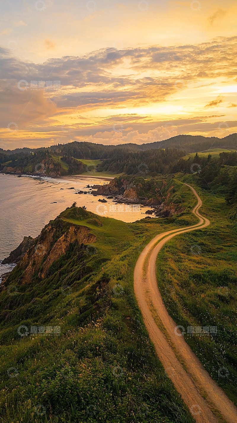 高清大图下载【趣麦麦图】蜿蜒海岸线在日落时分
