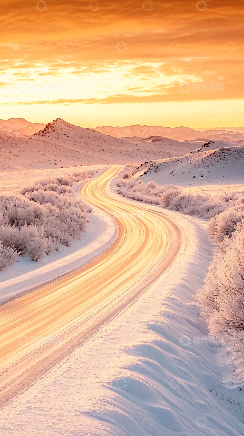 高清大图下载【趣麦麦图】雪地公路日落美景
