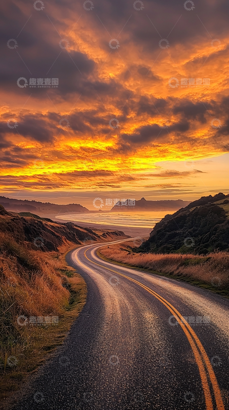 高清大图下载【趣麦麦图】蜿蜒道路日落美景