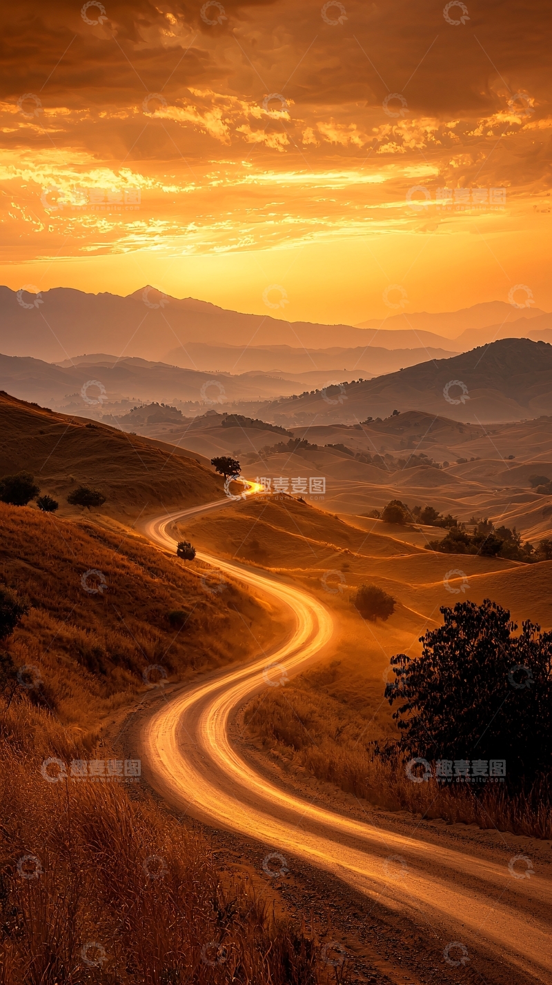 高清大图下载【趣麦麦图】金色夕阳下的蜿蜒道路