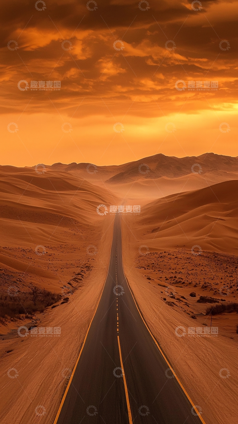 高清大图下载【趣麦麦图】橙色天空下的沙漠公路