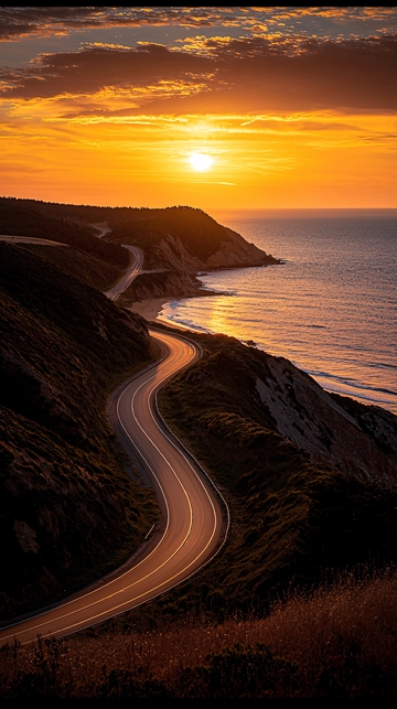 蜿蜒公路海边日落