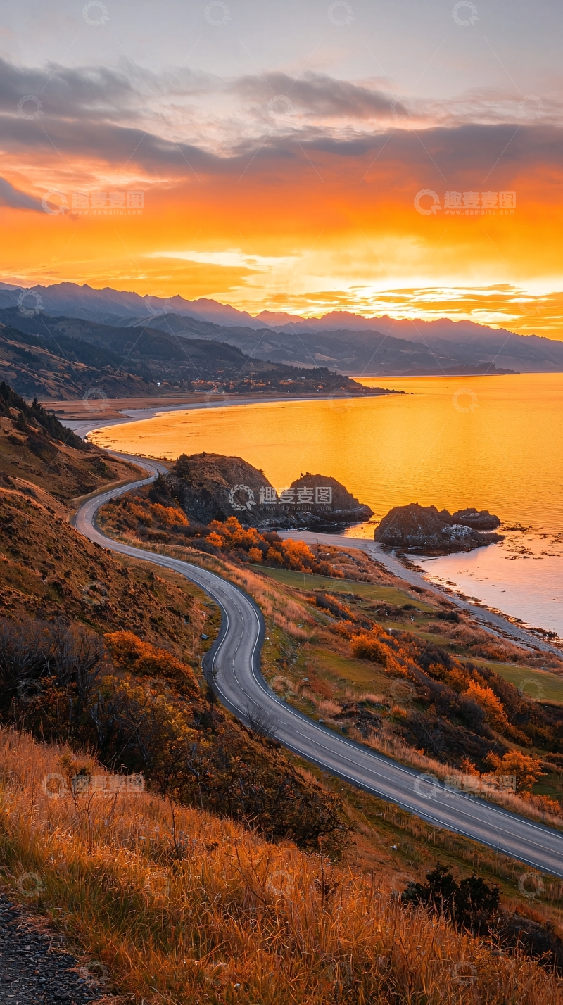 高清大图下载【趣麦麦图】蜿蜒公路夕阳海岸线