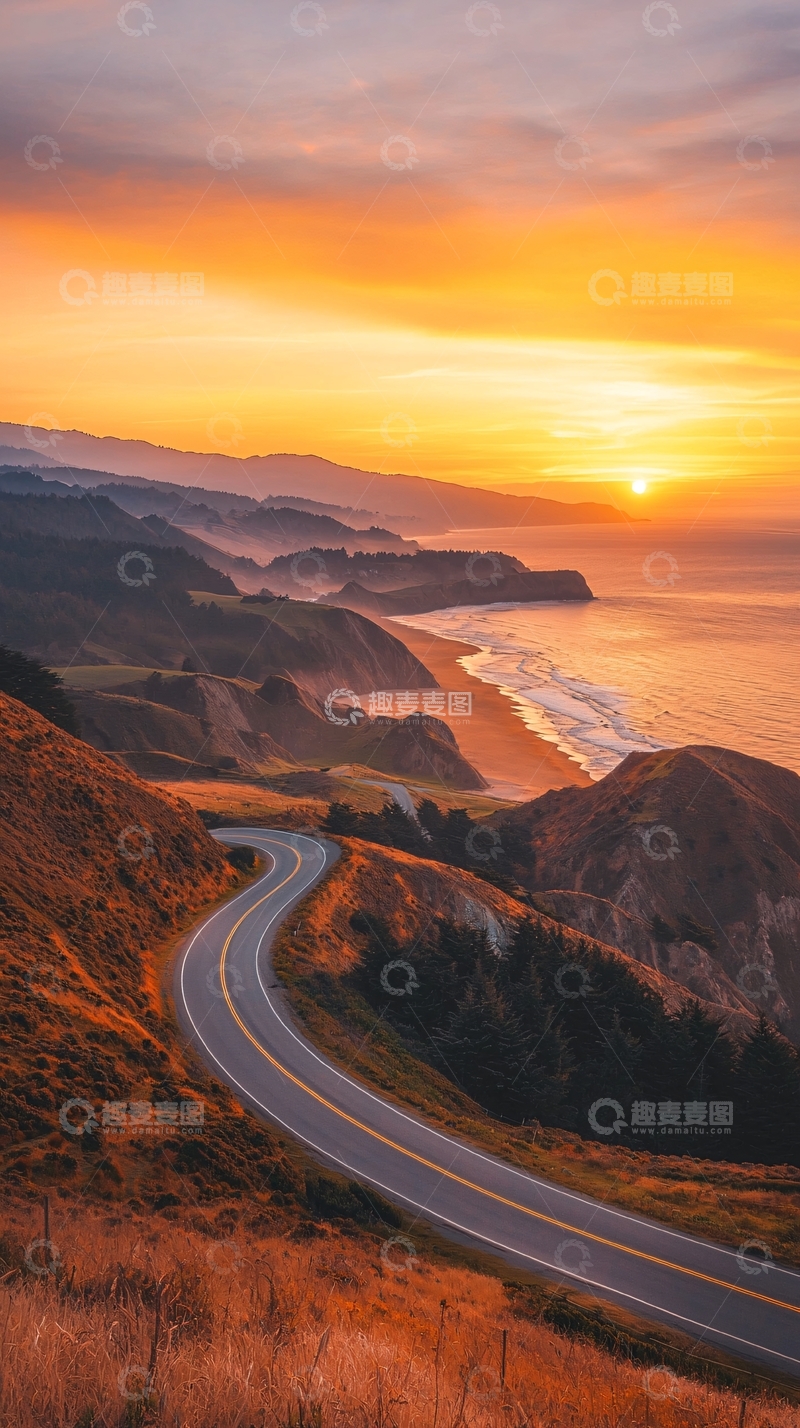 高清大图下载【趣麦麦图】日落海岸公路风景