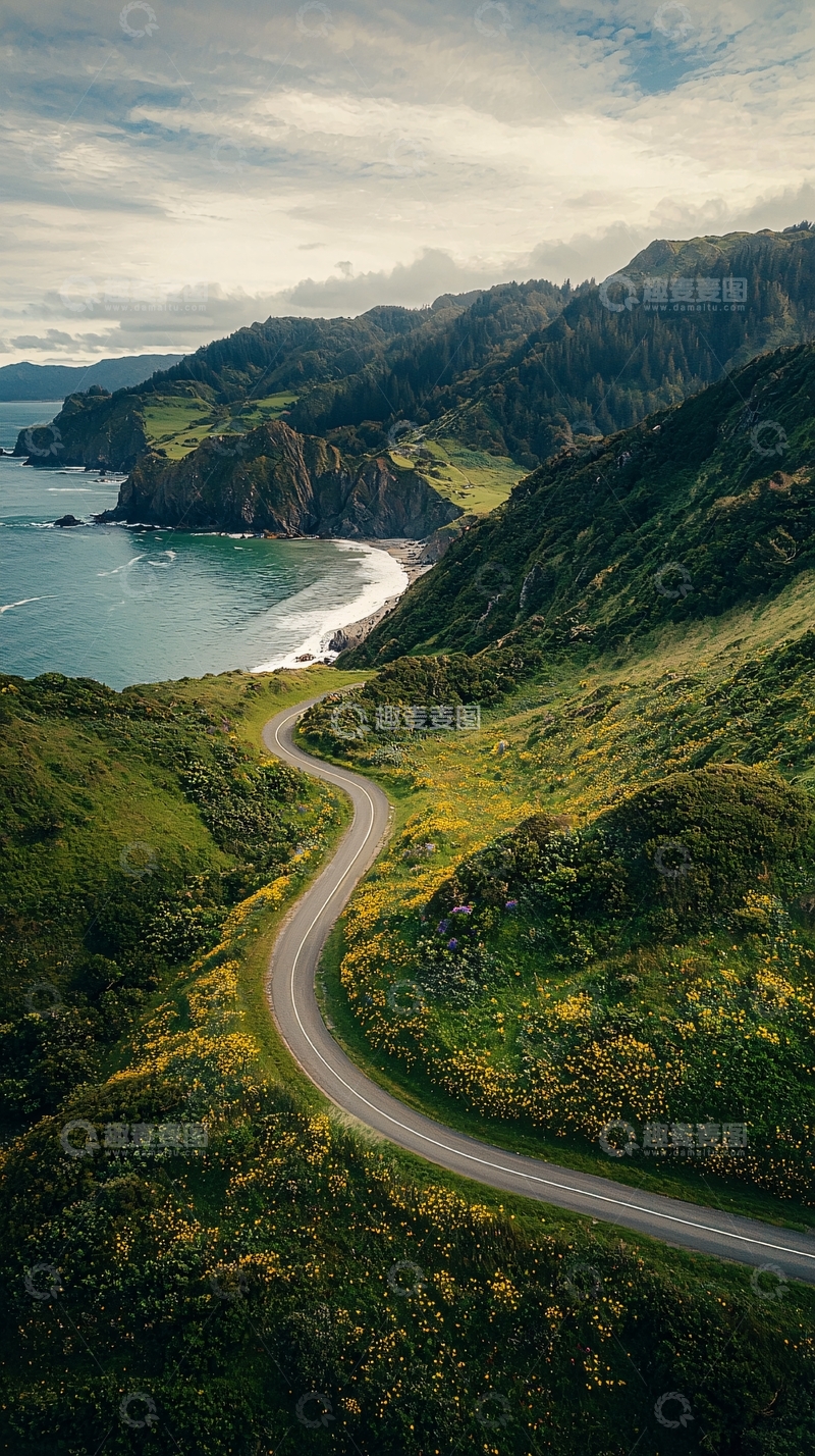 高清大图下载【趣麦麦图】蜿蜒山路与海岸线交汇