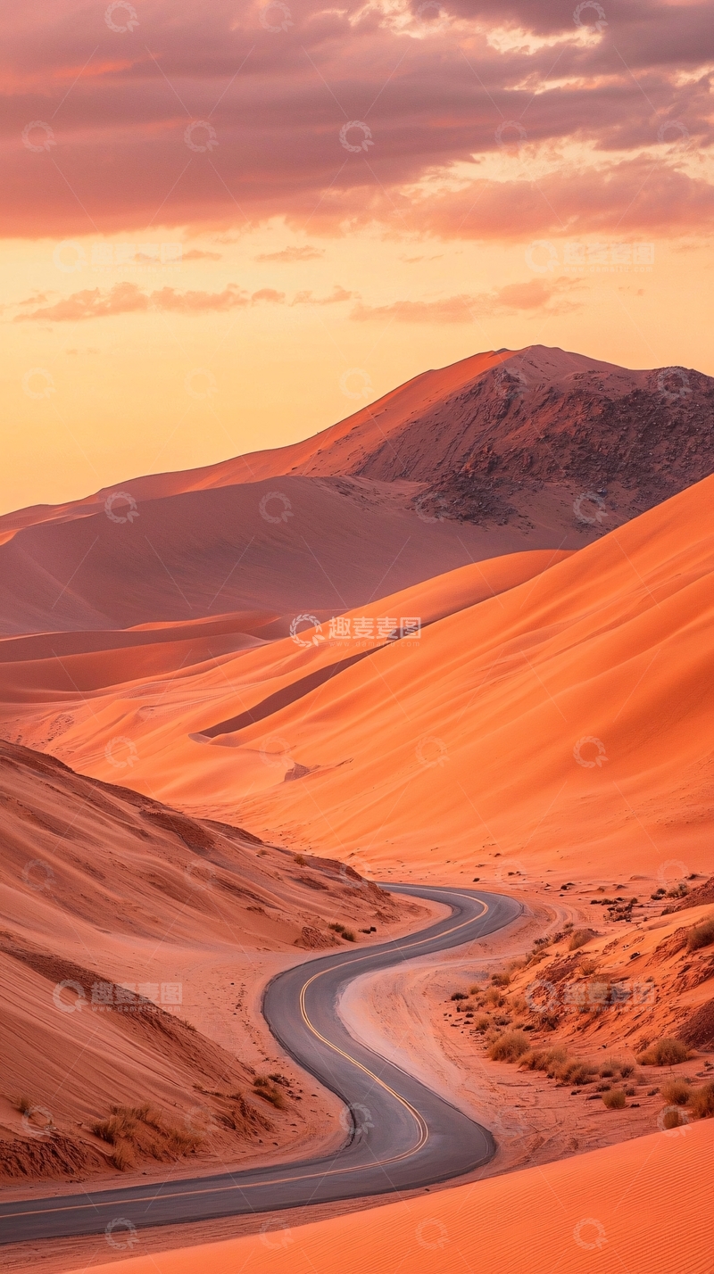 高清大图下载【趣麦麦图】沙漠公路夕阳无限好