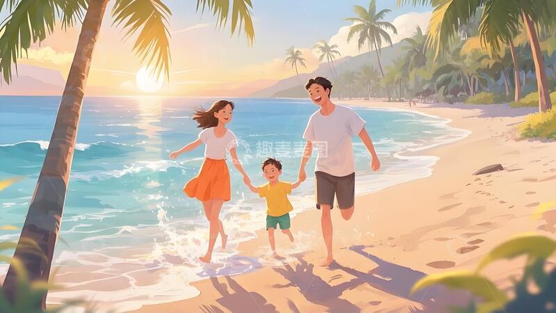 高清大图下载【趣麦麦图】亲子海边出游