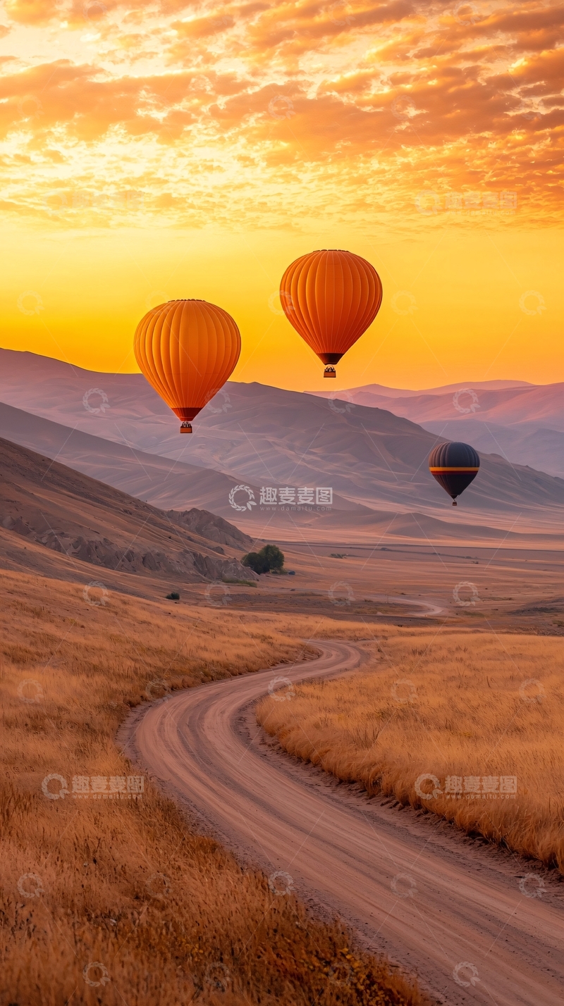 高清大图下载【趣麦麦图】热气球飞过金色田野