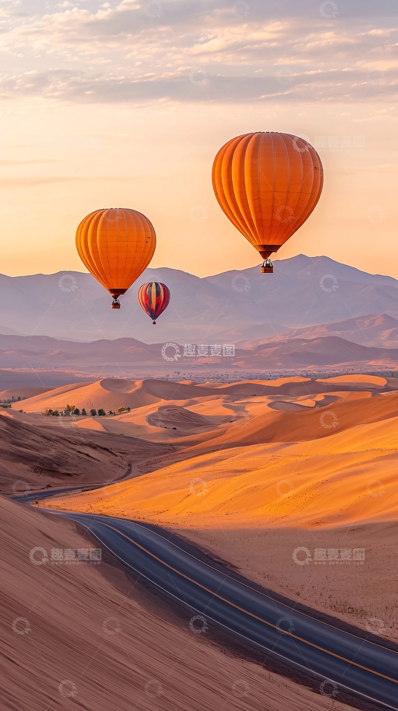 高清大图下载【趣麦麦图】热气球飞跃沙漠公路
