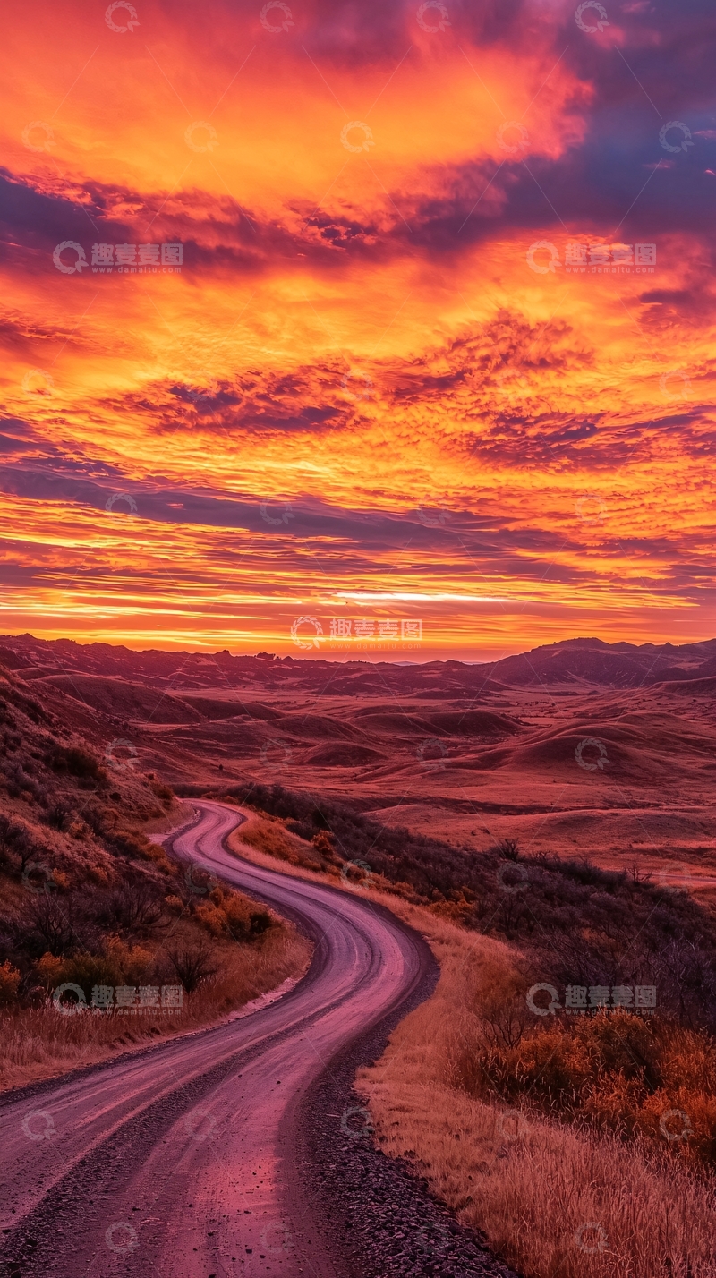 高清大图下载【趣麦麦图】壮丽日落下的蜿蜒道路