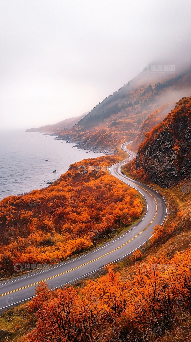 高清大图下载【趣麦麦图】秋季海边蜿蜒公路