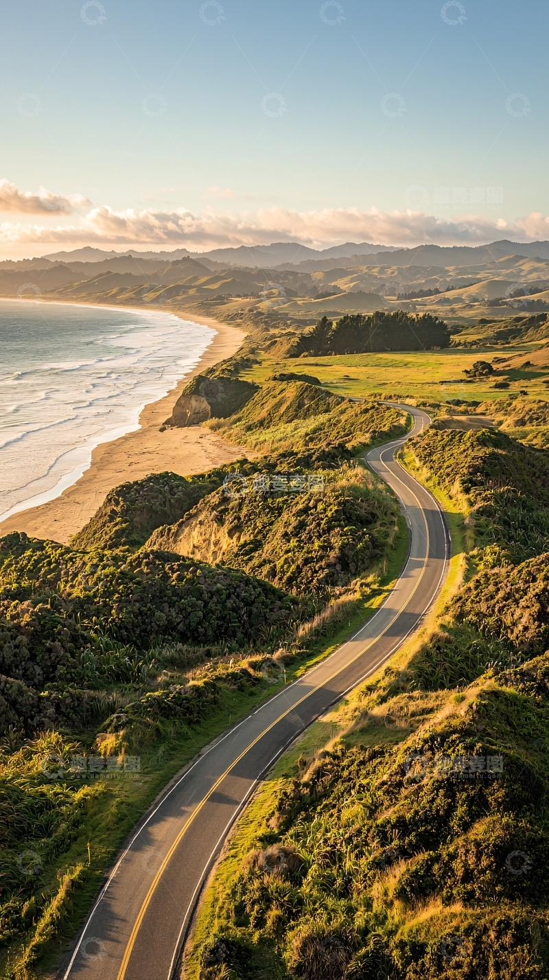 高清大图下载【趣麦麦图】蜿蜒公路旁的金色海滩