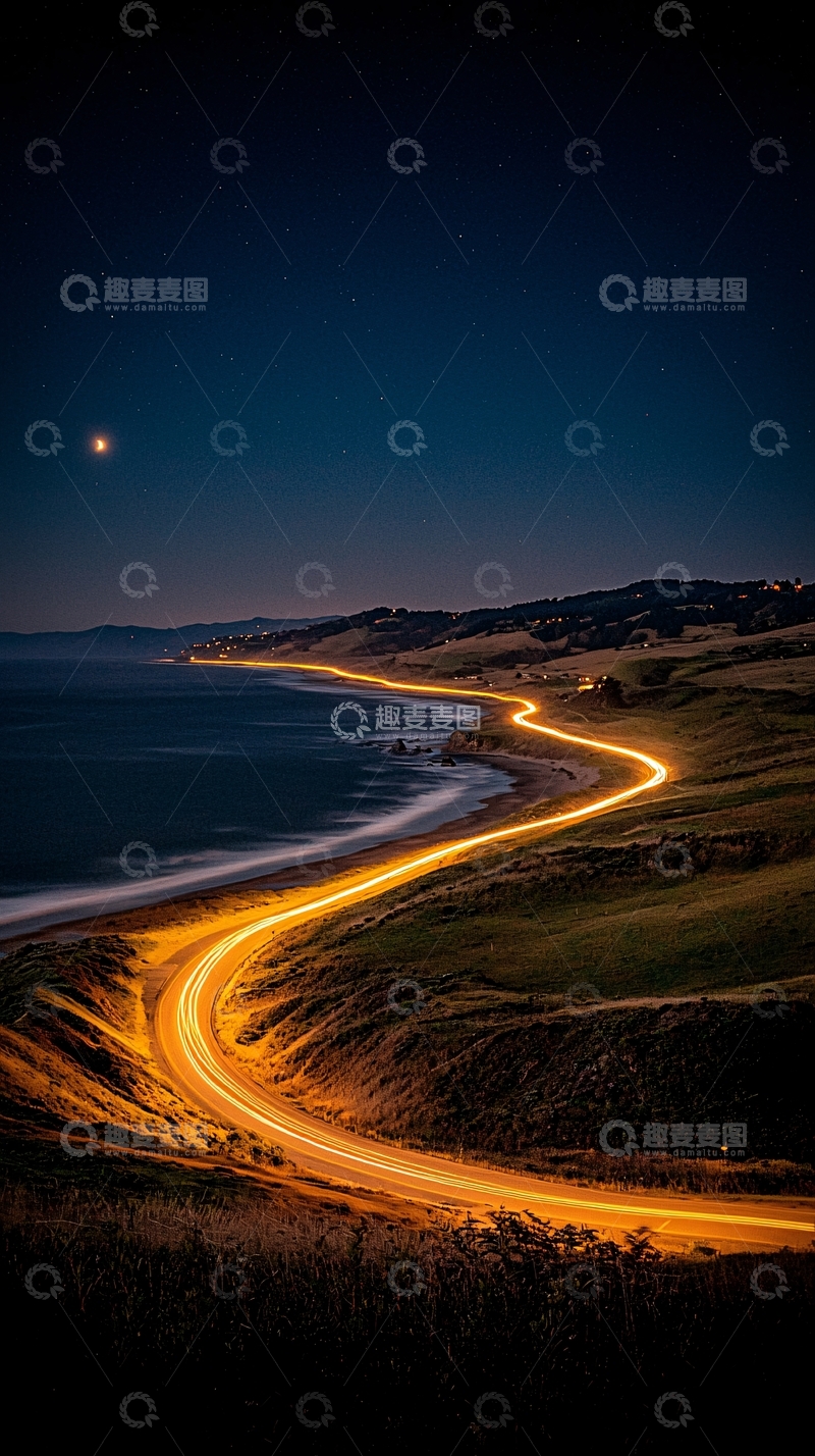 高清大图下载【趣麦麦图】海岸线上的蜿蜒夜路