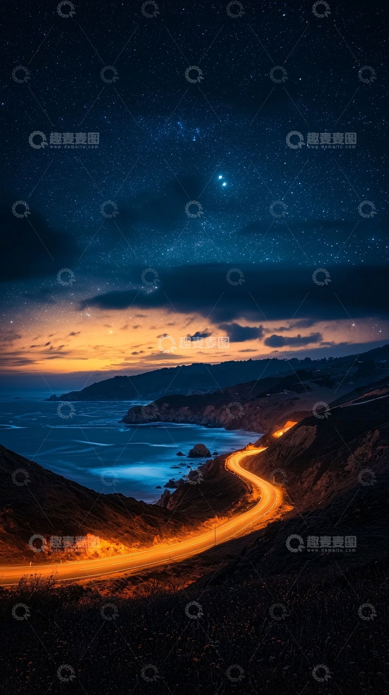 高清大图下载【趣麦麦图】海岸公路夜景星空璀璨