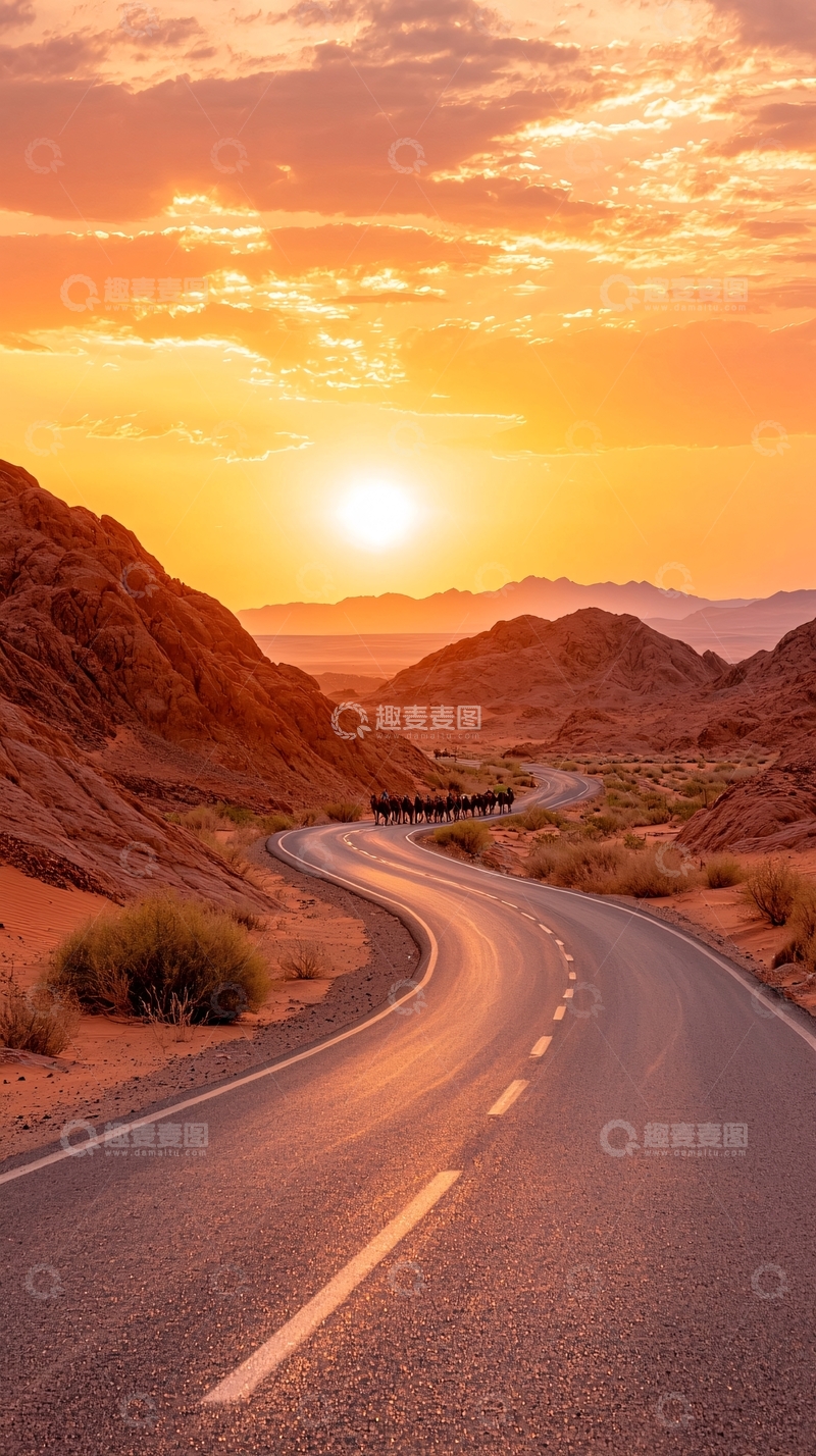 高清大图下载【趣麦麦图】沙漠公路日落美景