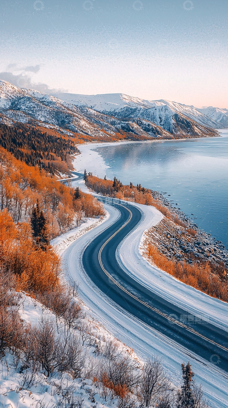 高清大图下载【趣麦麦图】蜿蜒雪路湖光山色