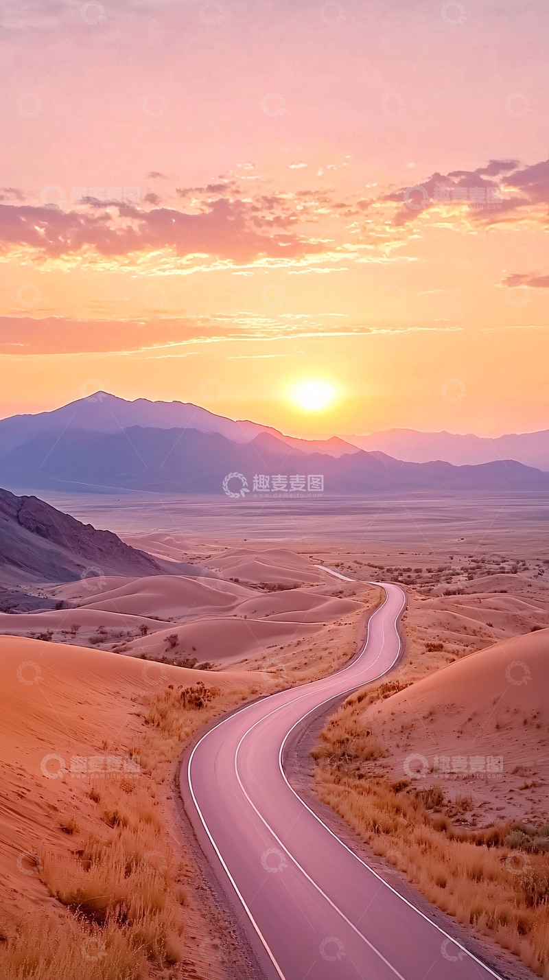 高清大图下载【趣麦麦图】沙漠公路日落美景