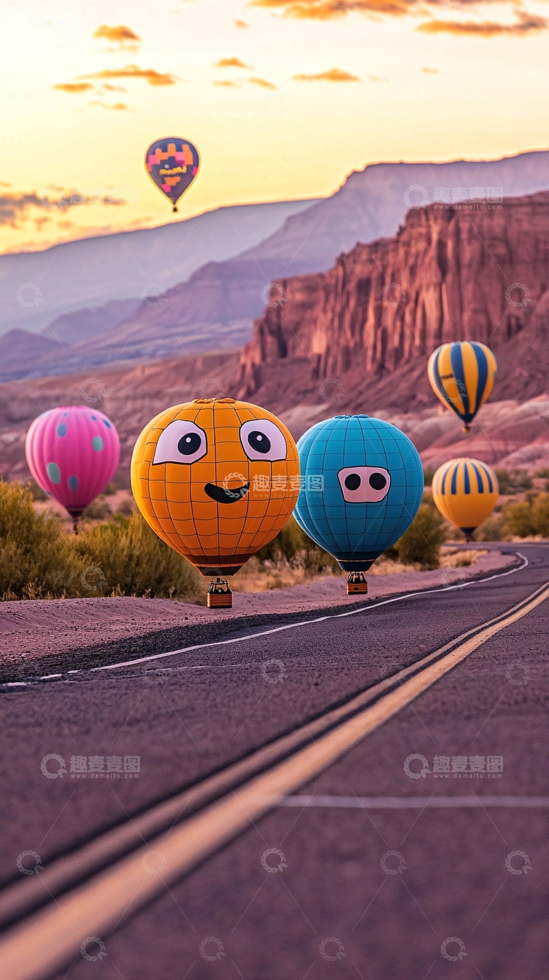 高清大图下载【趣麦麦图】热气球在峡谷上空飞行