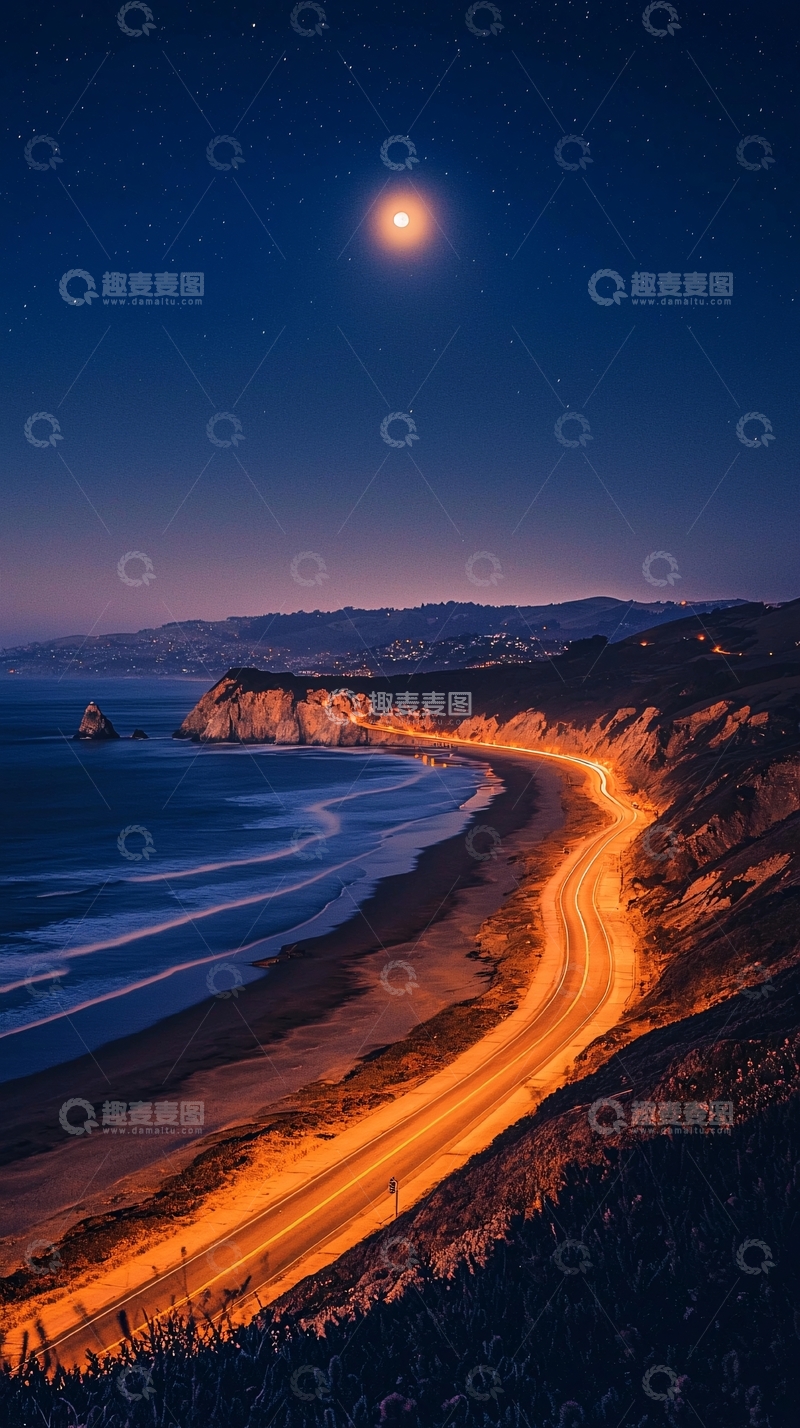 高清大图下载【趣麦麦图】夜空下的海岸公路