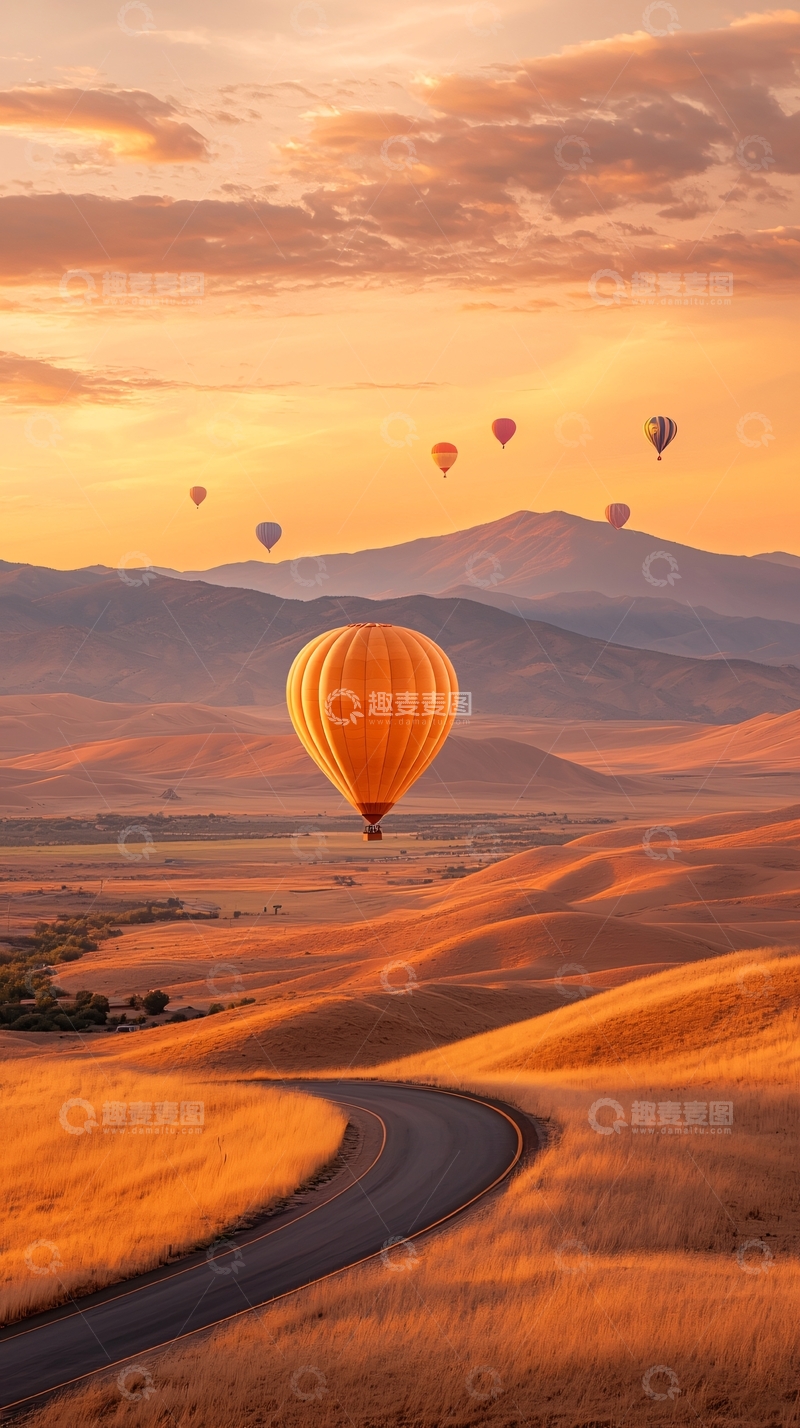 高清大图下载【趣麦麦图】热气球在金色草原上飞行