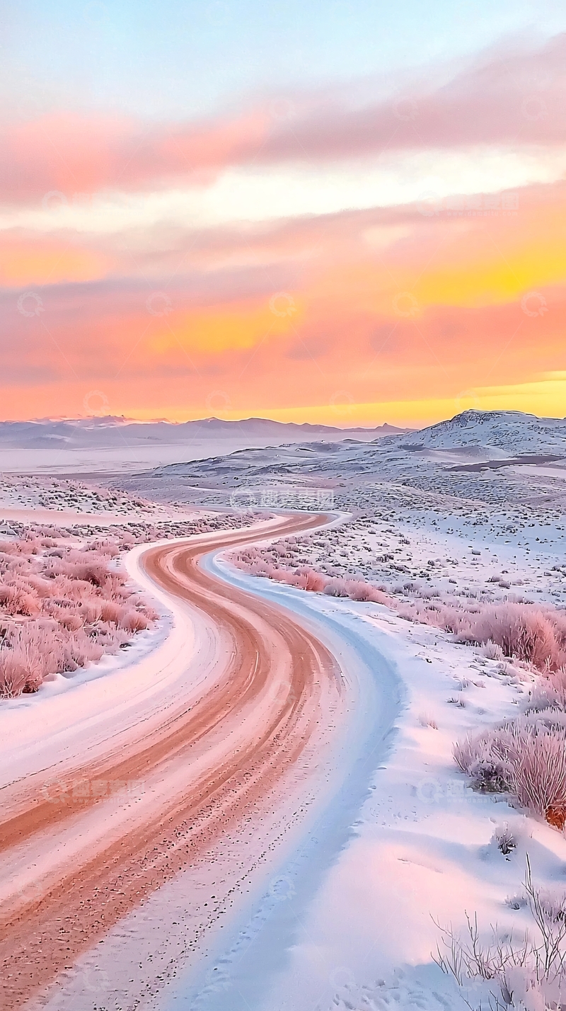 高清大图下载【趣麦麦图】日落时分的雪地公路