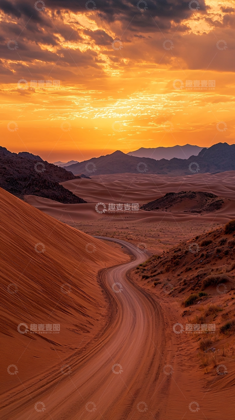 高清大图下载【趣麦麦图】沙漠公路日落美景