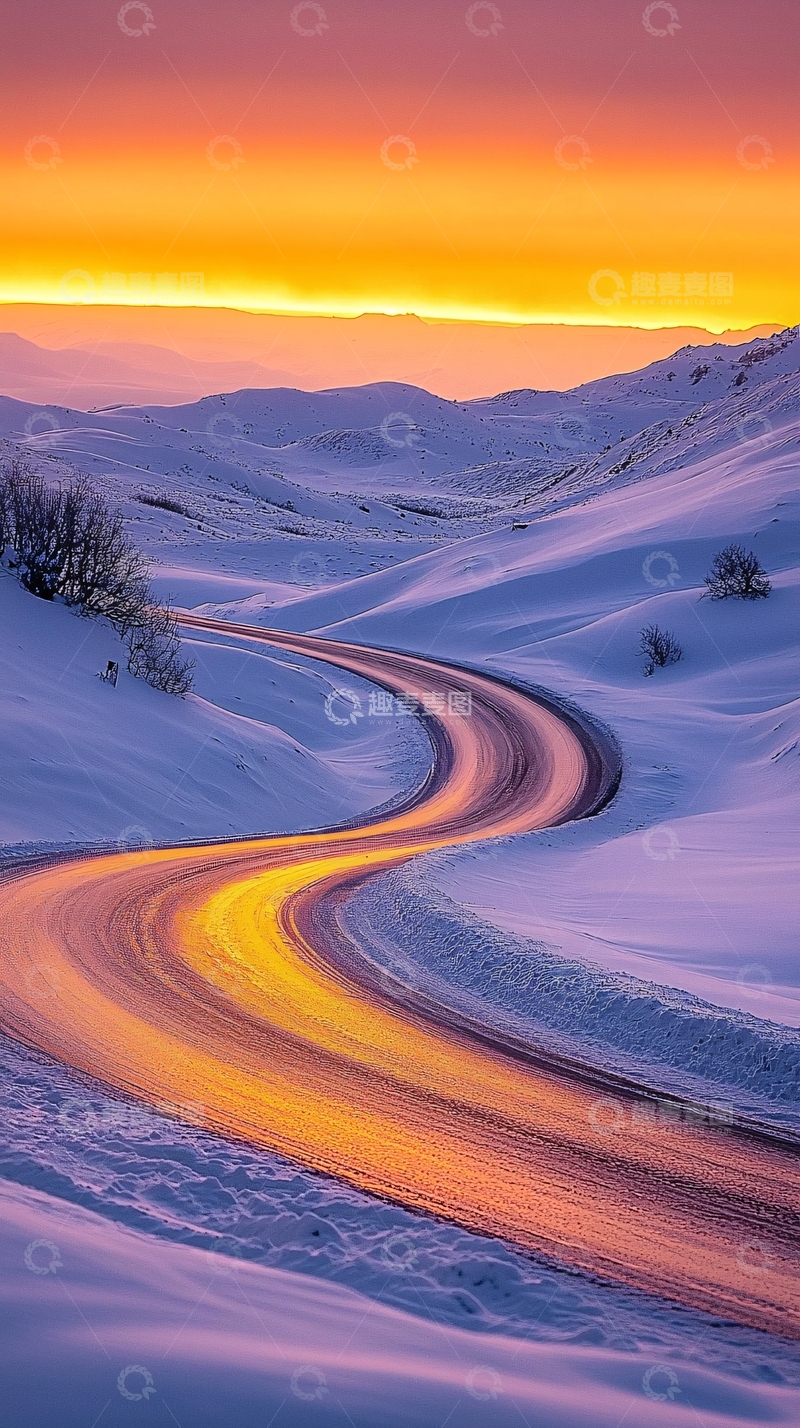 高清大图下载【趣麦麦图】雪山中蜿蜒的金色公路