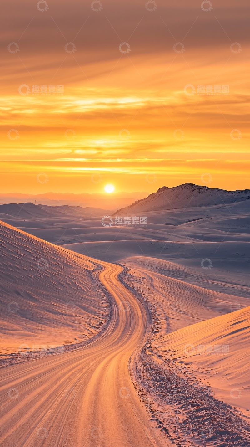 高清大图下载【趣麦麦图】冬日雪景公路日落