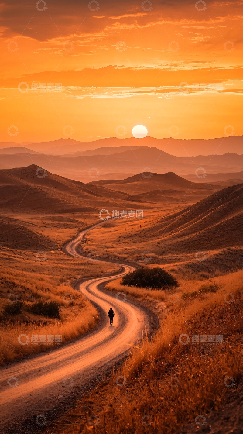 高清大图下载【趣麦麦图】日落时分蜿蜒山路上的孤独身影