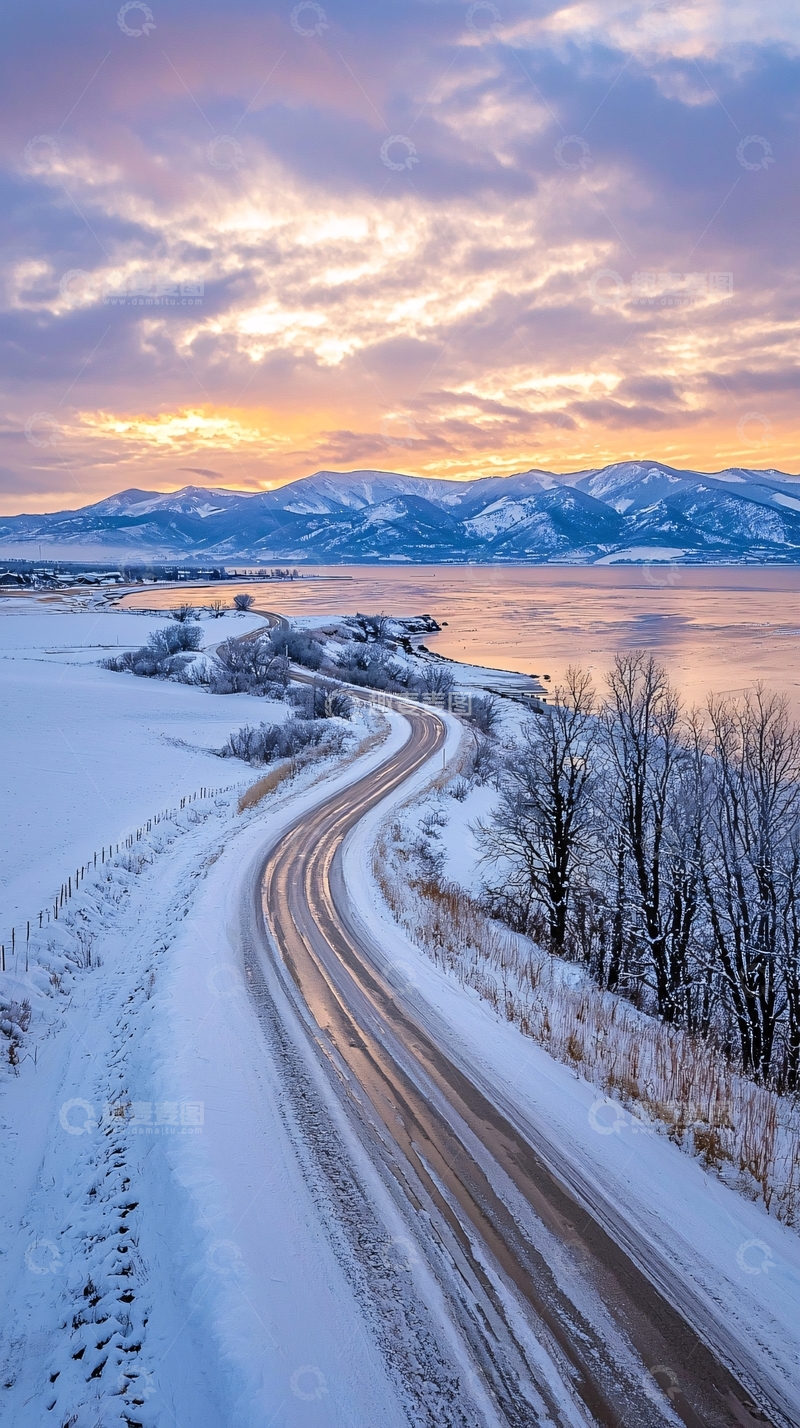 高清大图下载【趣麦麦图】冬日雪景公路和远山