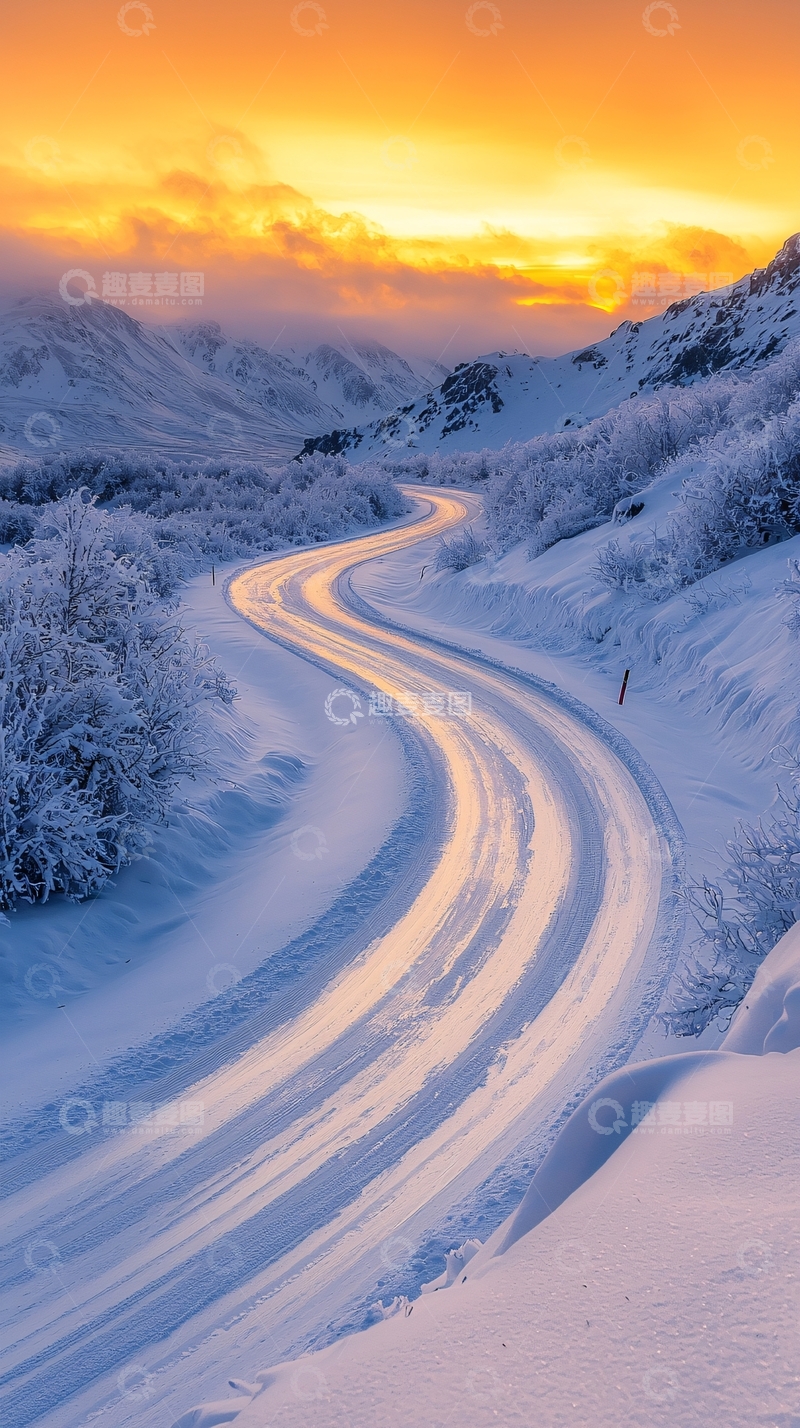 高清大图下载【趣麦麦图】雪山公路日落美景
