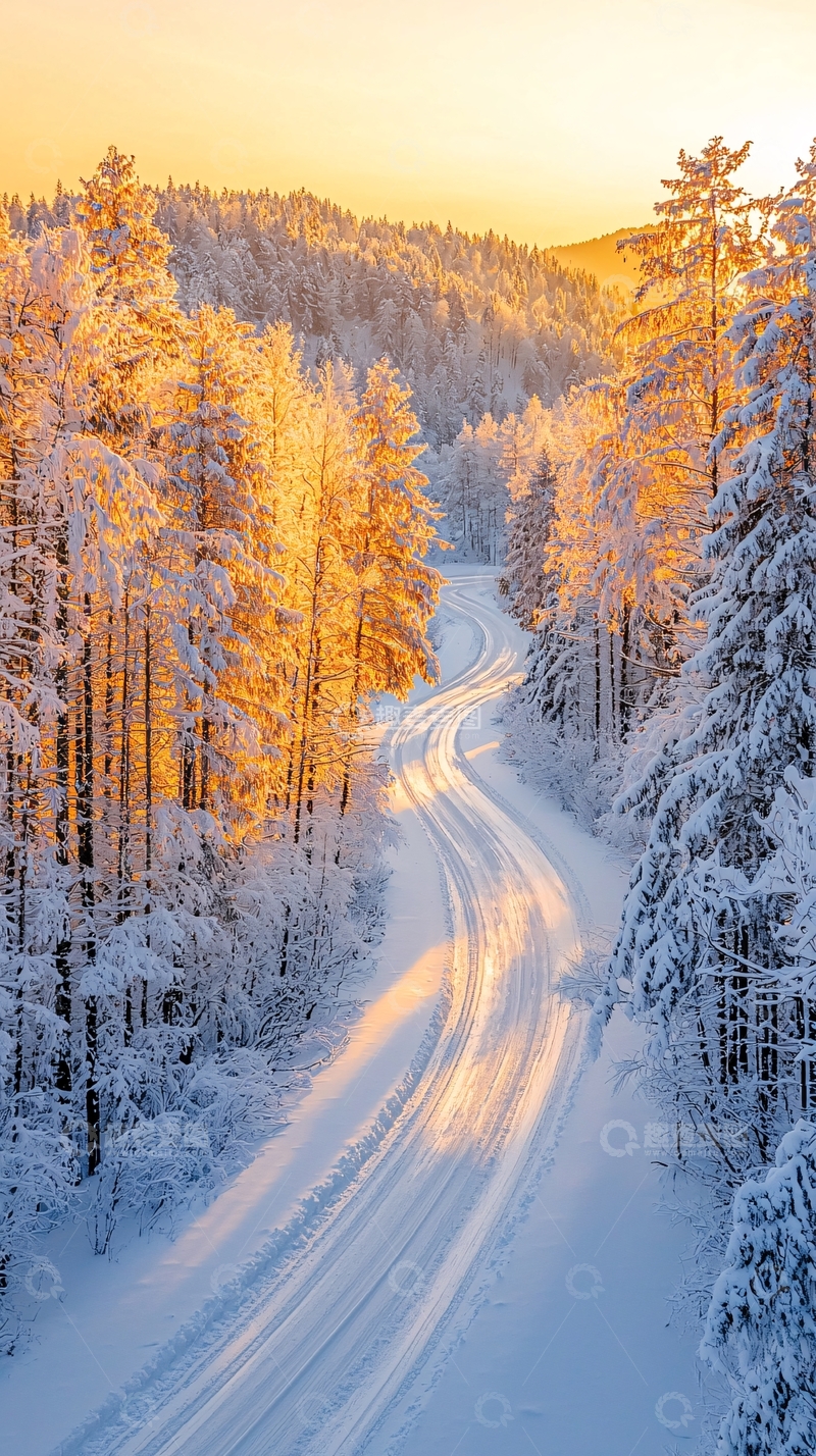 高清大图下载【趣麦麦图】金色阳光下的雪山森林