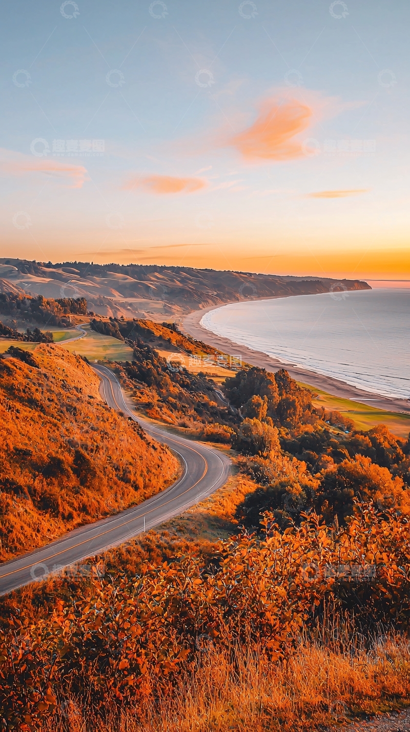 高清大图下载【趣麦麦图】海边公路日出美景
